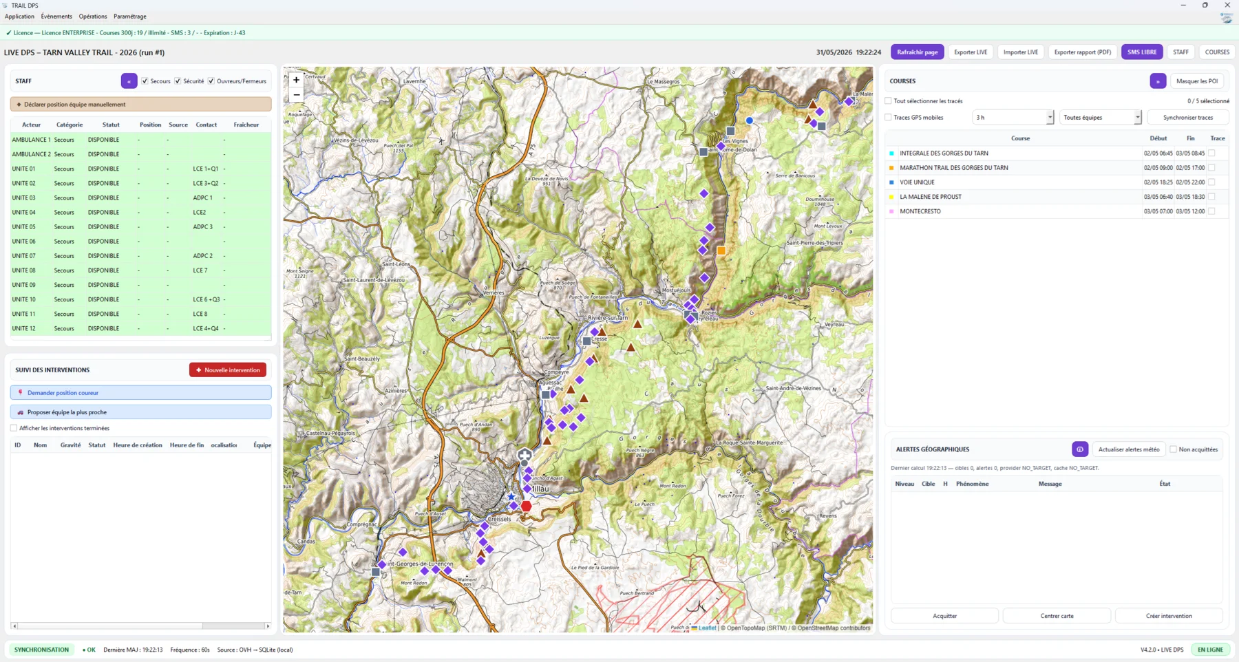 Interface LIVE DPS avec carte, options complètes et suivi opérationnel