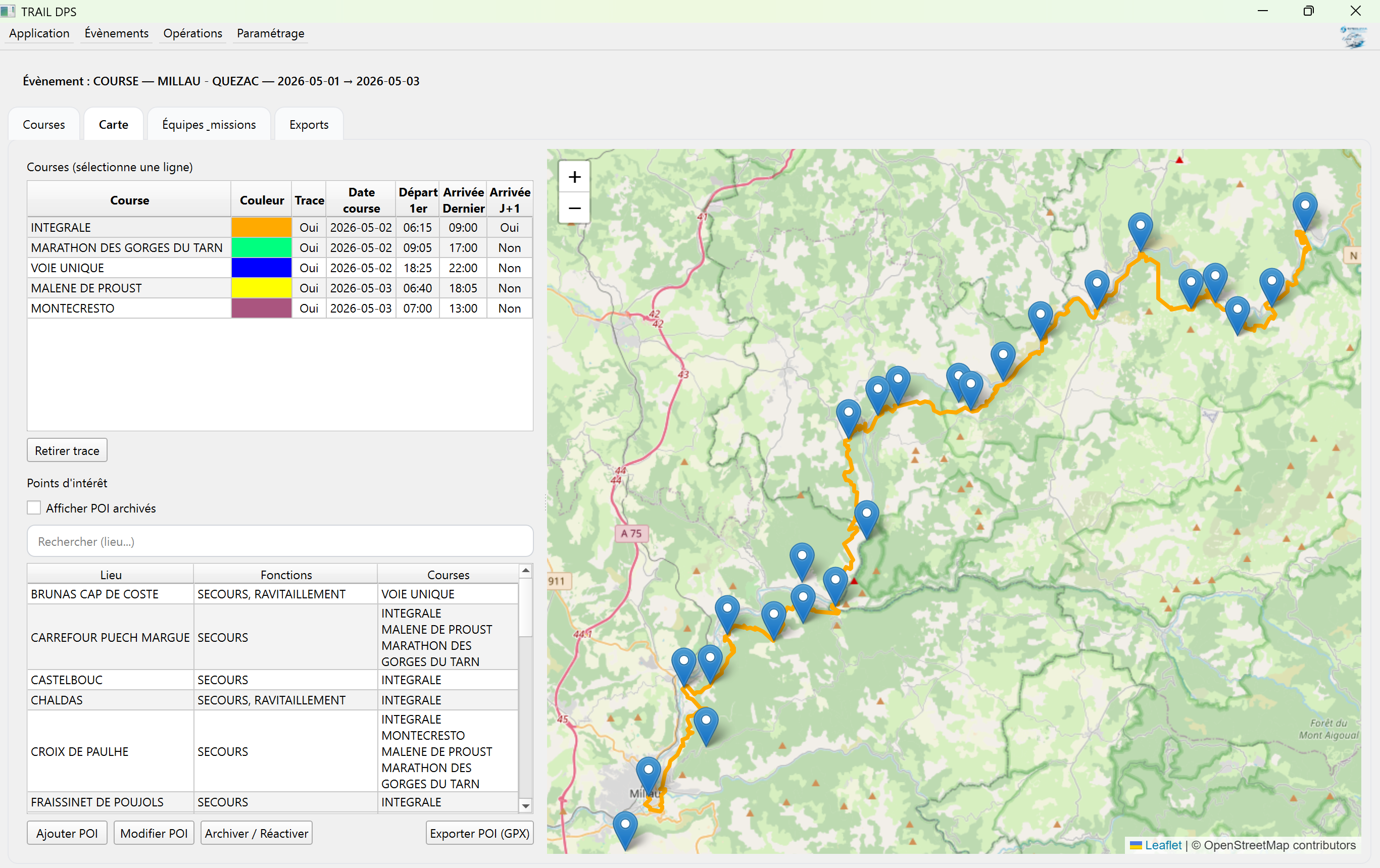 Organisation d'un poste de secours pour trail sur carte