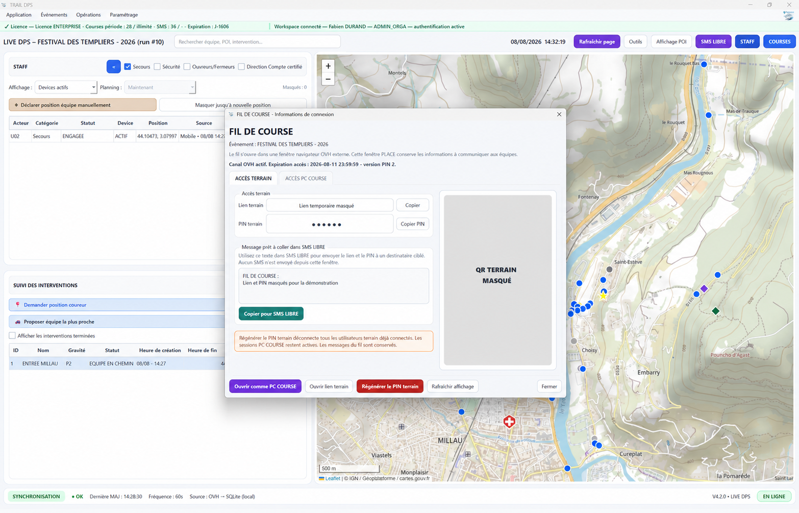 Informations de connexion au fil de course supervisé par le PC course