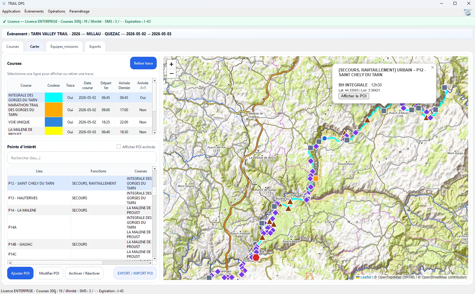 Carte de planification TRAIL DPS avec points d'interet
