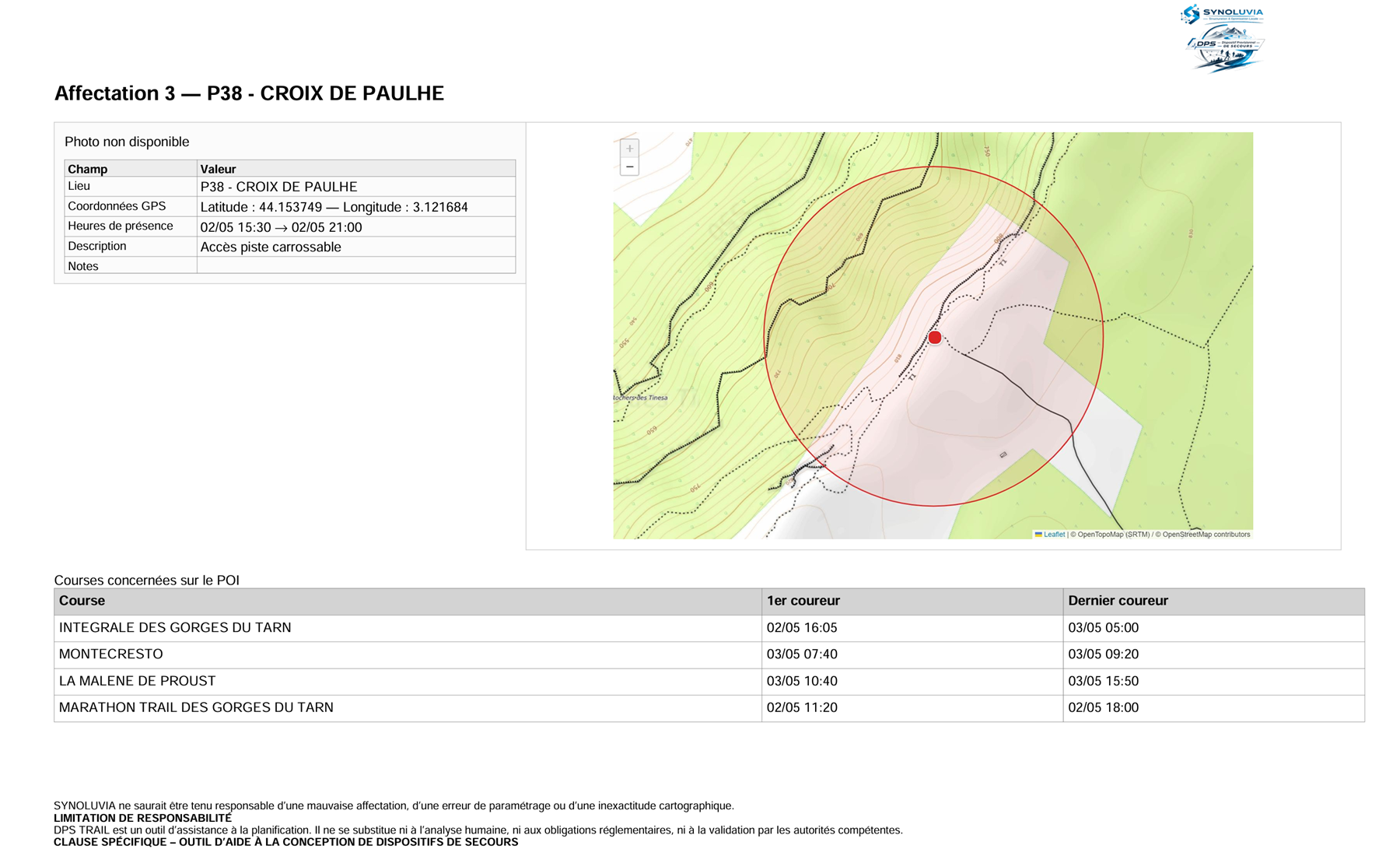 Roadbook d'une équipe terrain exporté par TRAIL DPS
